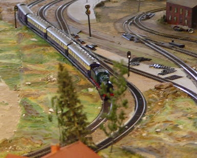 T&aring;g i buskaget vid Guffe. Rheingold-vagnarna ger passagerarna en lugn och trivsam resa &ouml;ver &auml;ngar och berg.